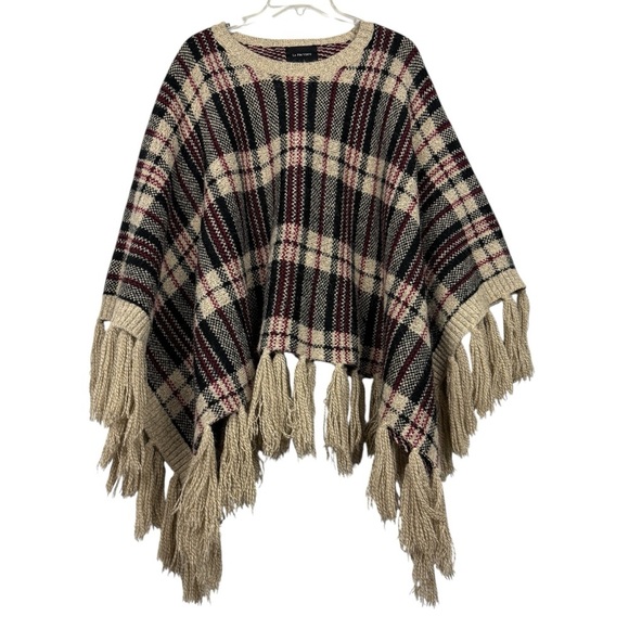 Anthropologie La Fee Verte Rare Plaid Tassel Fringe Knit Poncho - Picture 1 of 6